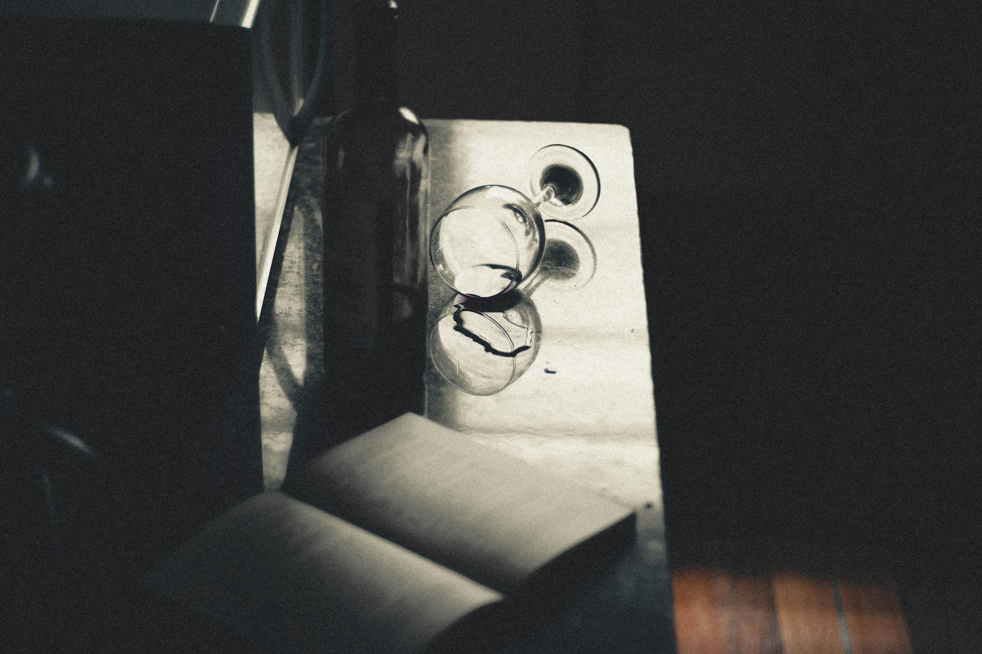 Artistic still life featuring a wine glass and book in a dark, modern interior.